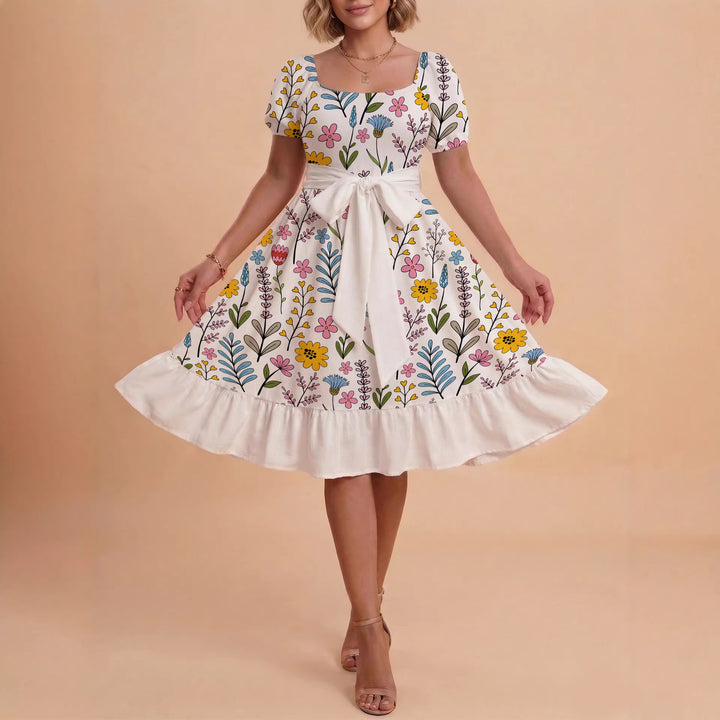 Damen Sommerkleid mit floralem Puffärmel und taillierbarem Gürtel Drune