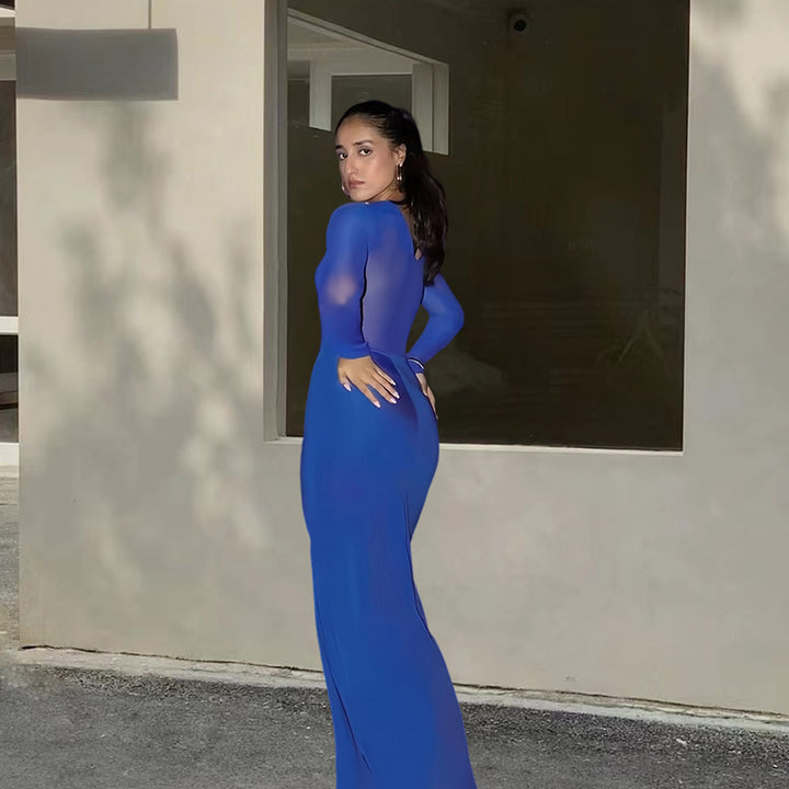 Damen Elegantes Maxikleid mit transparenten Ärmeln und raffinierter Drapierung Drune