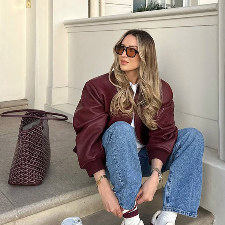 Damen Lässige Lederjacke mit voluminösen Ärmeln und Reißverschluss Drune