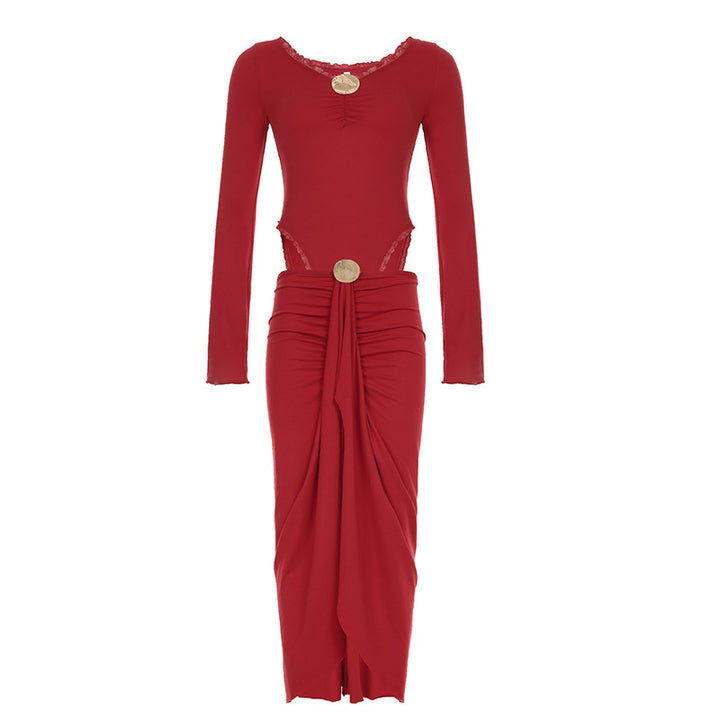 Damen eleganter Wickelrock mit Raffungen und dekorativem Knopf Drune
