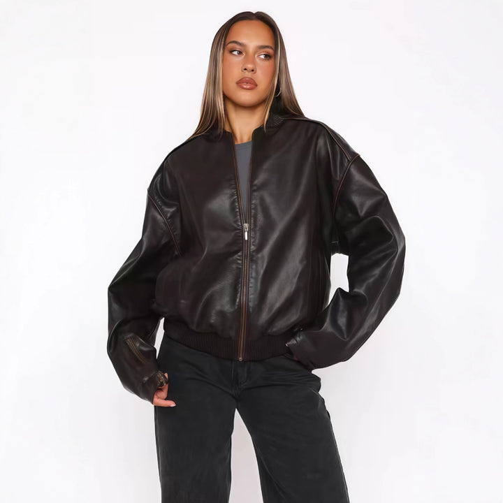 Damen modische cropped Lederjacke mit lässigem Schnitt Drune
