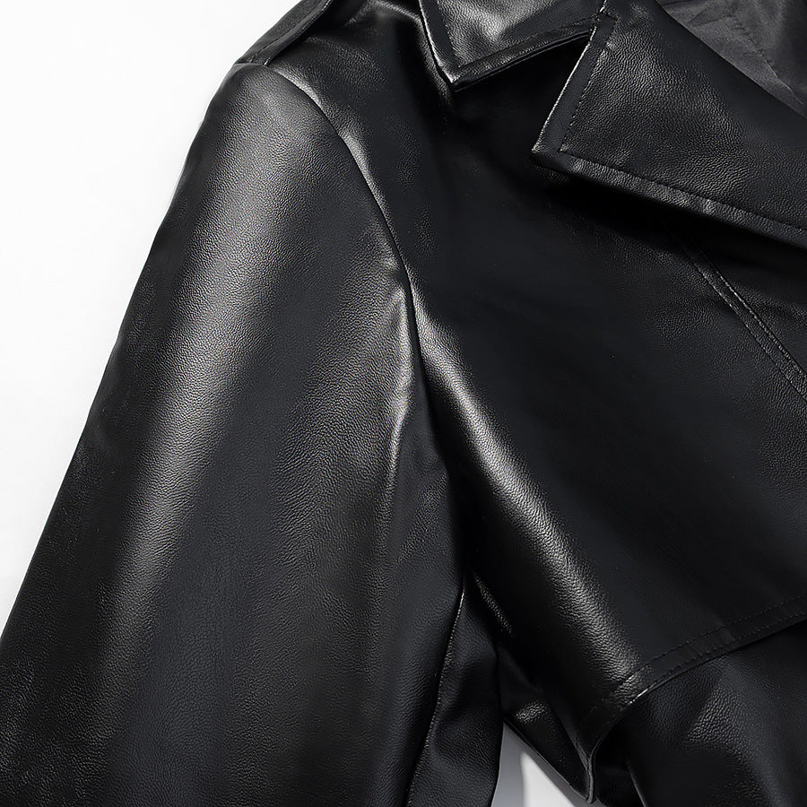 Damen elegante Kunstleder-Trenchjacke mit Bindegürtel Drune