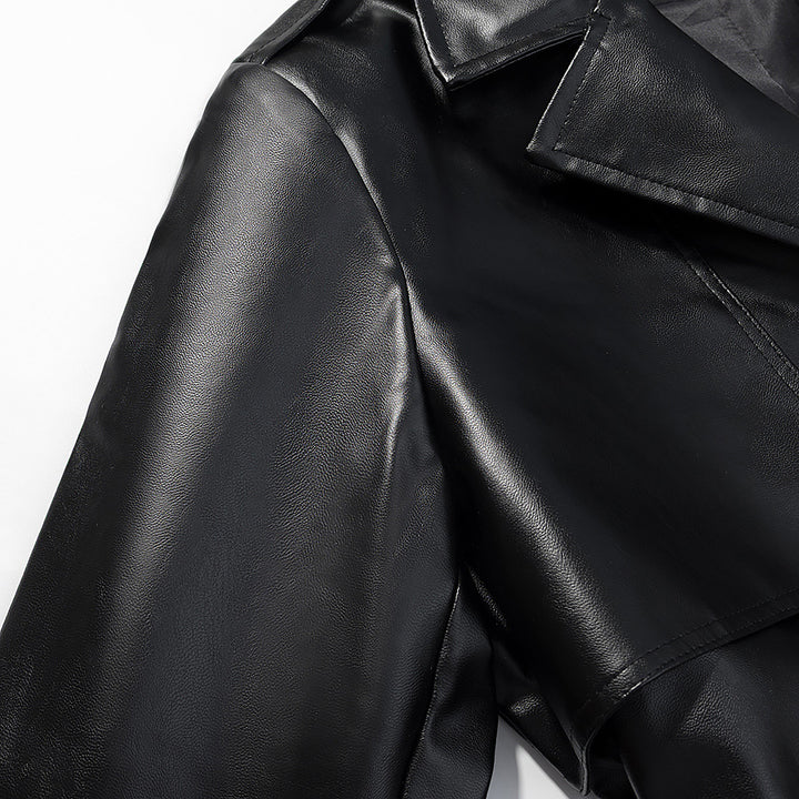 Damen elegante Kunstleder-Trenchjacke mit Bindegürtel Drune