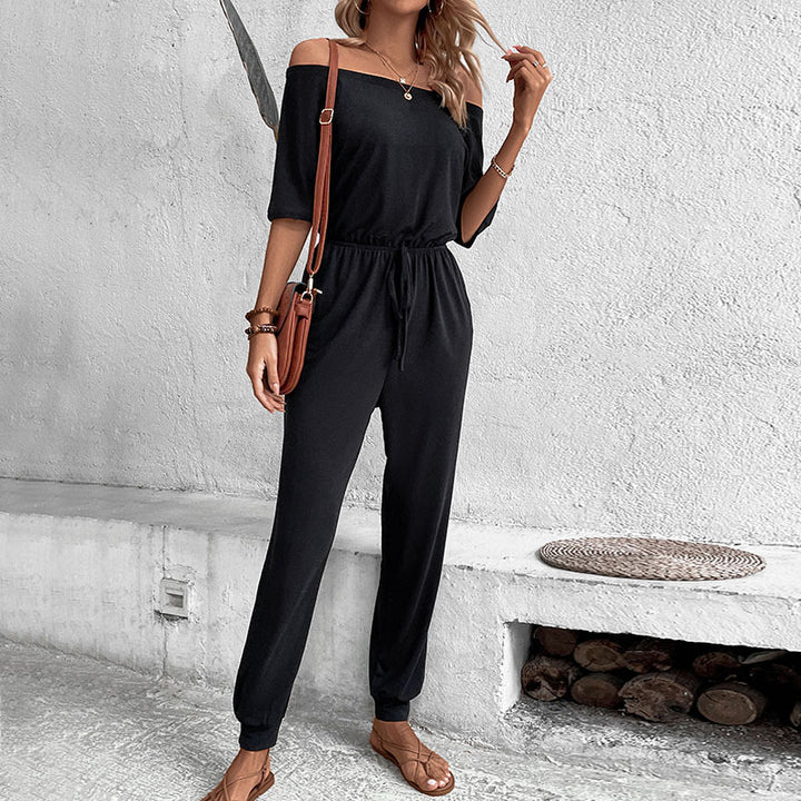 Damen lässiger Jumpsuit mit schulterfreiem Design und verstellbarem Taillenzug Drune