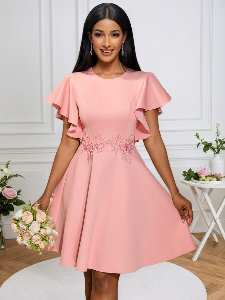 Damen Chic Volantkleid mit floralen Applikationen Drune