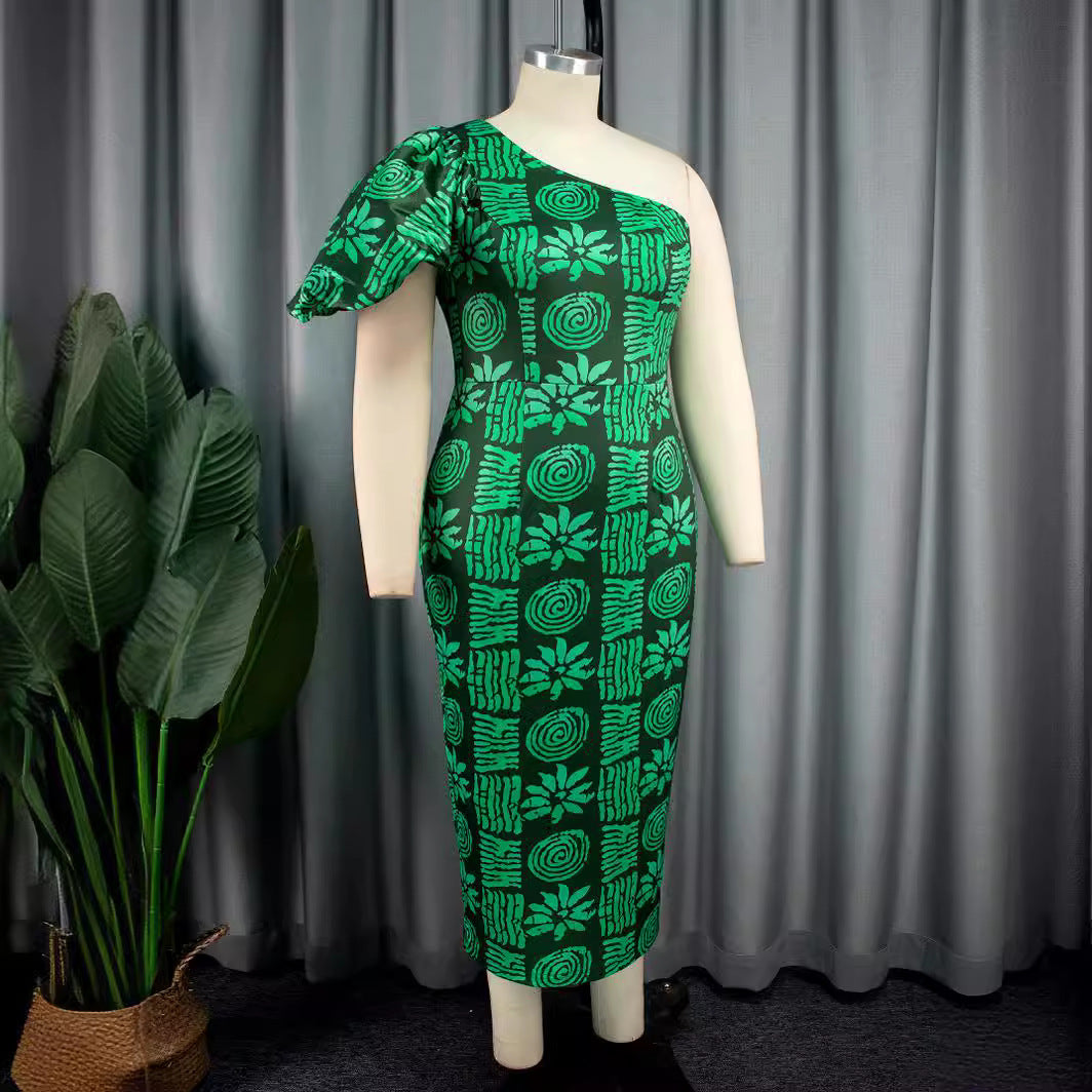 Damen asymmetrisches Maxi-Kleid mit einzigartigem Muster und voluminösem Puffärmel Drune