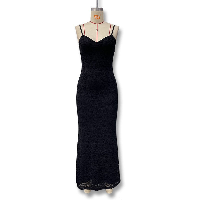 Damen Spitzen-Maxi-Kleid mit verführerischer Silhouette und Spaghettiträgern Drune