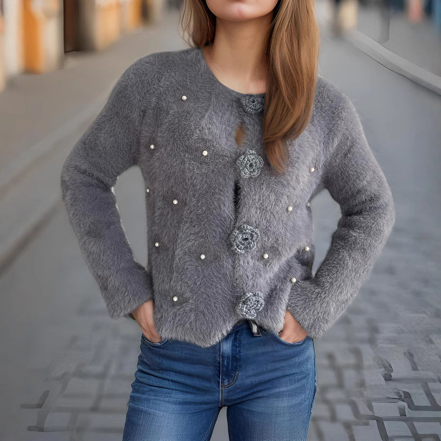 Damen feine Strickjacke mit Blumenapplikationen und Perlenakzenten Drune