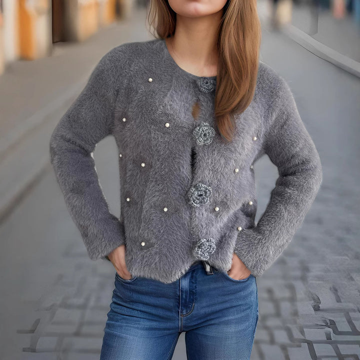 Damen feine Strickjacke mit Blumenapplikationen und Perlenakzenten Drune