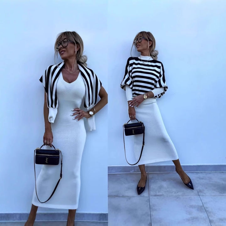 Damen elegantes und bequemes Set mit gestreiftem Oberteil und figurbetonter langer Hose Drune