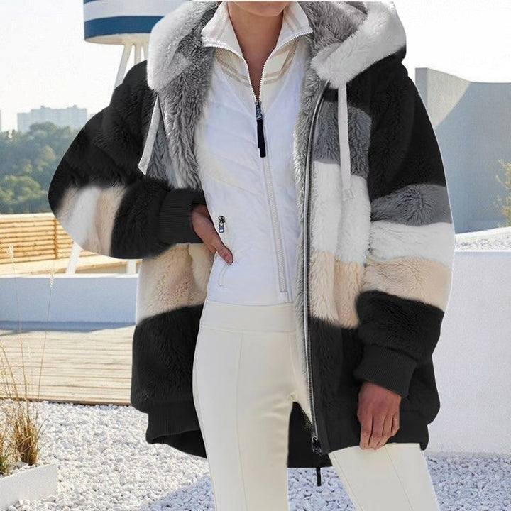 Damen nan Oversize Teddyfell-Kapuzenjacke mit Farbblock-Streifen, hochwertigem Reißverschluss und gerippten Bündchen Drune