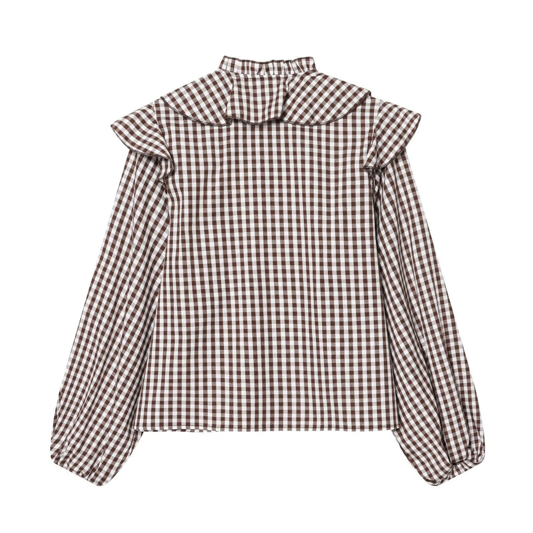 Damen Rüschenshirt mit klassischen Karomuster und eleganten Bindebändern Drune