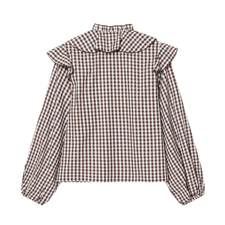Damen Rüschenshirt mit klassischen Karomuster und eleganten Bindebändern Drune