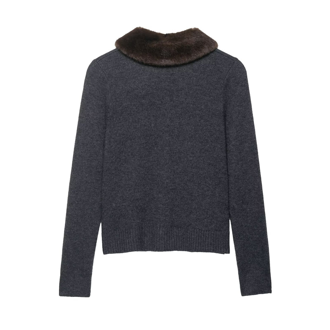 Damen elegante Strickjacke mit abnehmbarem Kunstfellkragen Drune