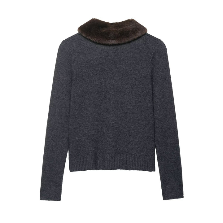 Damen elegante Strickjacke mit abnehmbarem Kunstfellkragen Drune