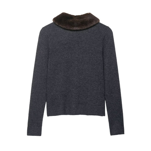Damen elegante Strickjacke mit abnehmbarem Kunstfellkragen Drune