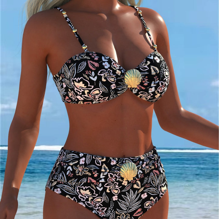 Damen Balconette-Bikini mit hohem Taillen-Schnitt und dekorativem Muschel-Detail Drune