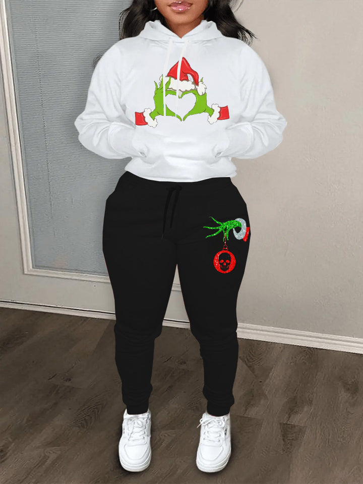 Damen Hoodie und Jogginghose Set mit kreativem Weihnachtsmotiv und bequemen Schnitt Drune
