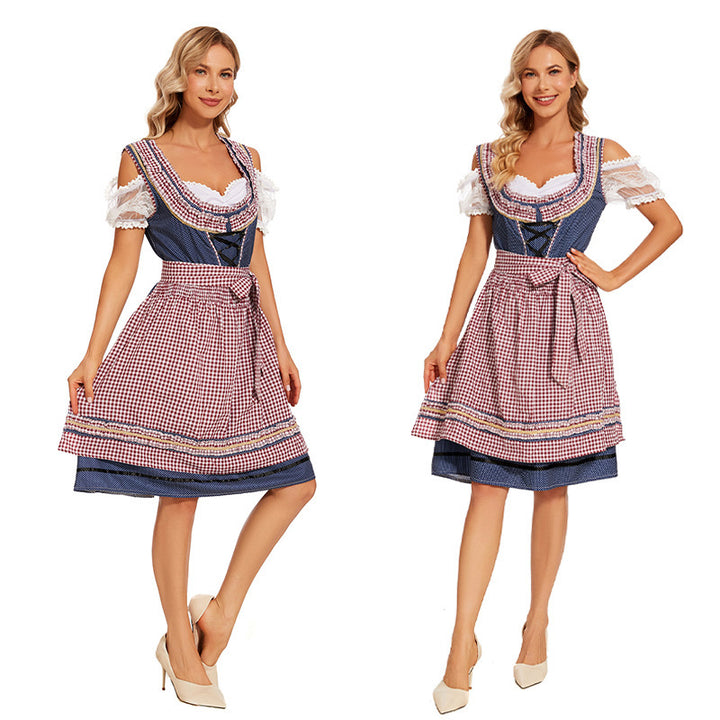 Damen nan traditionelles Trachtenkleid mit Schnürmieder, Spitzenärmeln und karierter Schürze Drune