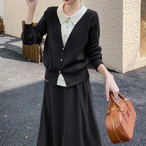 Damen Strickensemble mit eleganter Blusenoptik und weitem Rock Drune