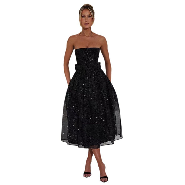 Damen Hochzeitskleid mit schimmerndem Taillenband und plissiertem Rock Drune
