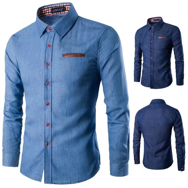 Herren nan Slim-Fit Denim-Hemd mit Brustleistentasche und kariertem Kragenfutter Drune