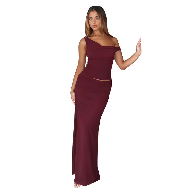Damen Maxikleid mit schulterfreiem Design und elegantem Rüschendetail Drune