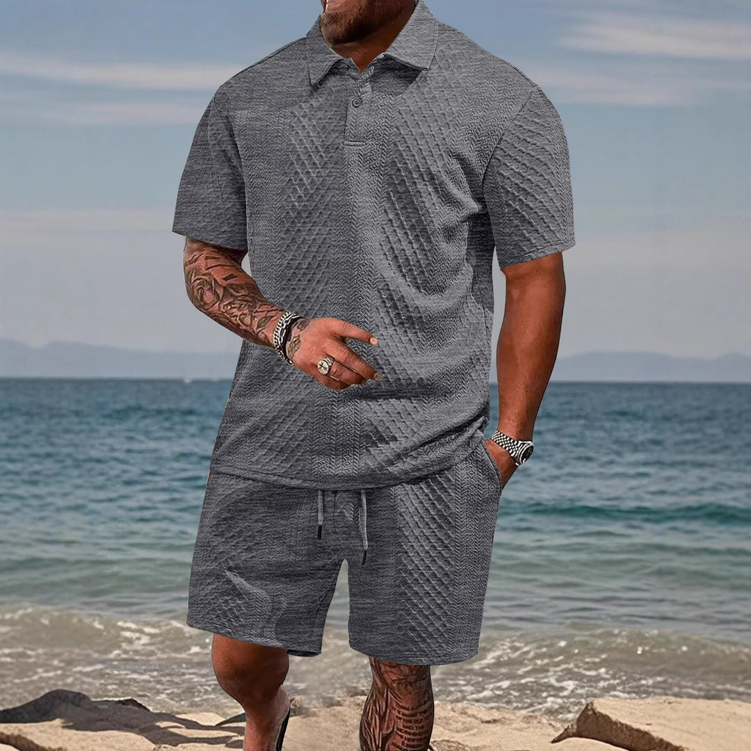 Herren nan geprägtes Strand-Ensemble mit offenem Kurzarm-Hemd und Kordel-Bermuda Drune