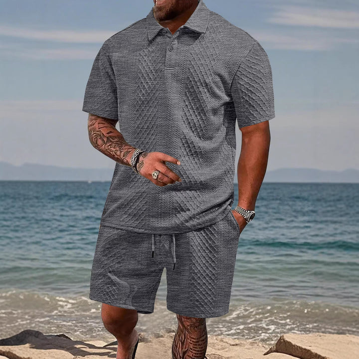 Herren nan geprägtes Strand-Ensemble mit offenem Kurzarm-Hemd und Kordel-Bermuda Drune