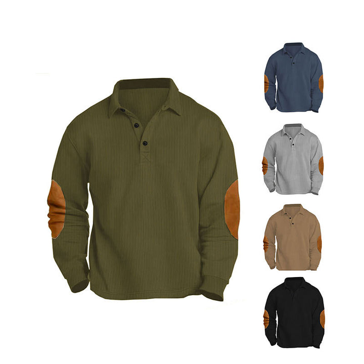 Herren nan legeres Langarm-Poloshirt mit Hemdkragen, kurzer Knopfleiste, feiner Struktur und Velours-Ellenbogenbesatz Drune