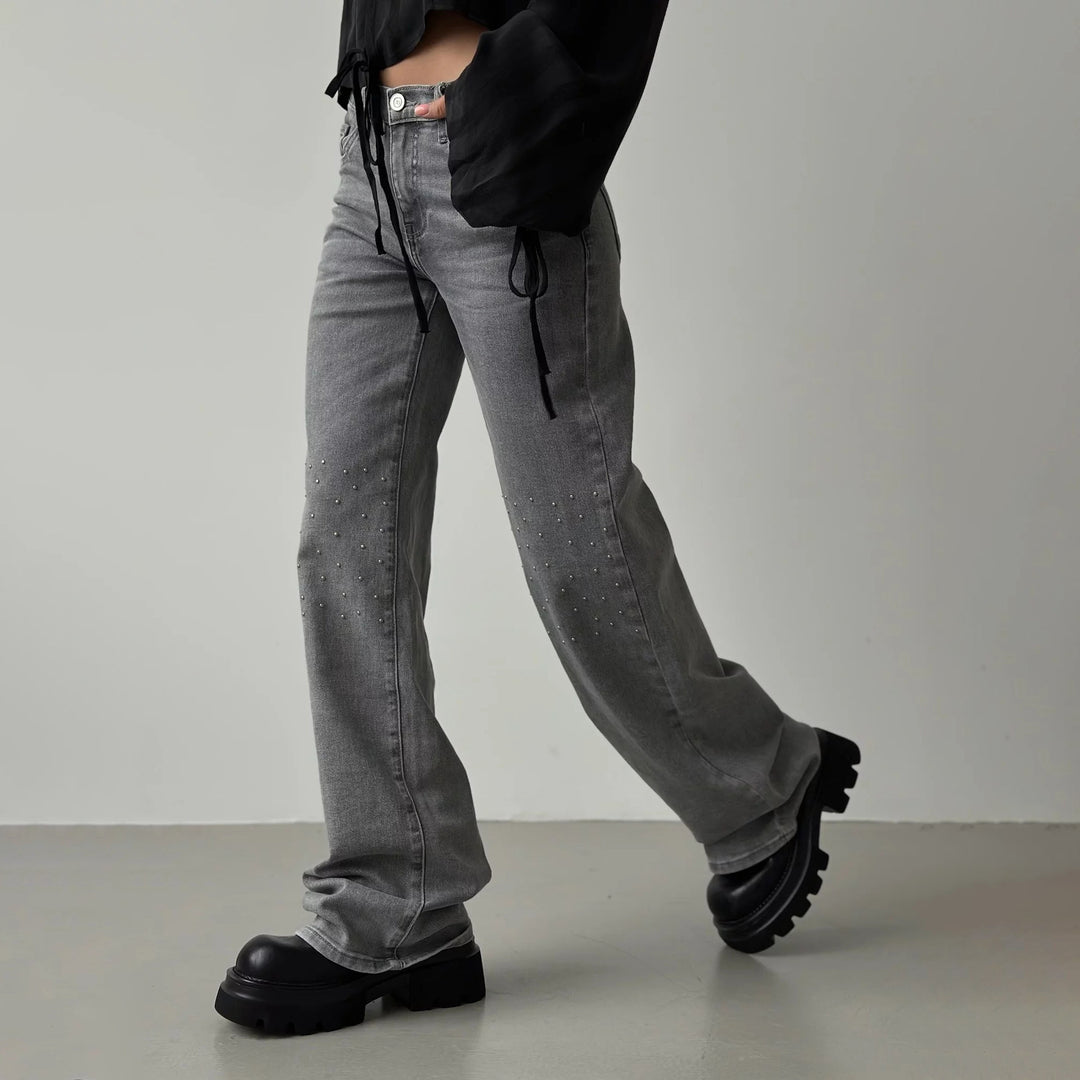 Damen Hochgeschnittene Jeans mit modischem Distressed-Design und originellen Nieten Drune