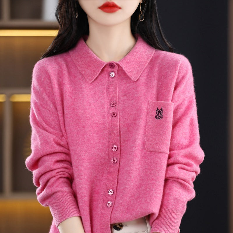 Damen Langärmlige Strickjacke mit elegantem Kragen und praktischer Knopfleiste Drune