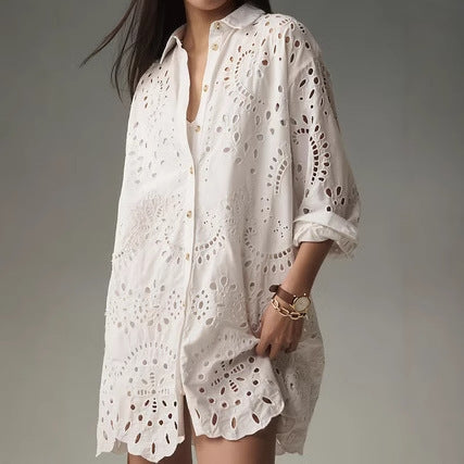 Damen Eyelet Detail Knopf-Up Tunika Shirt Drune