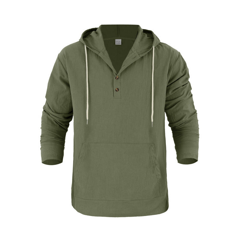Herren nan Leinenoptik Henley-Kapuzenpullover mit Knopfleiste und Kängurutasche Drune