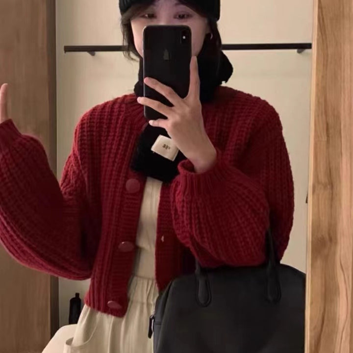 Damen Grobstrickcardigan mit voluminösen Ärmeln und großen Knöpfen Drune