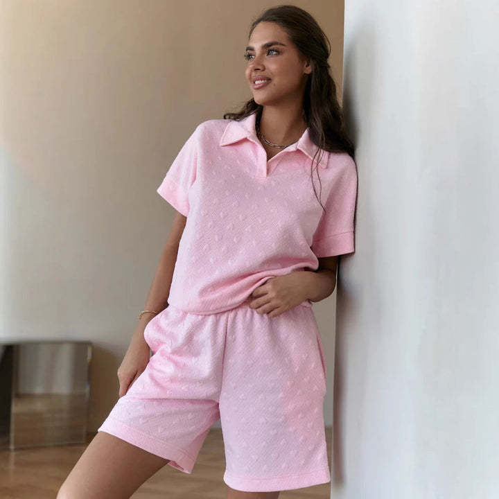 Damen lässiges Poloshirt und Shorts-Set mit strukturiertem Material
