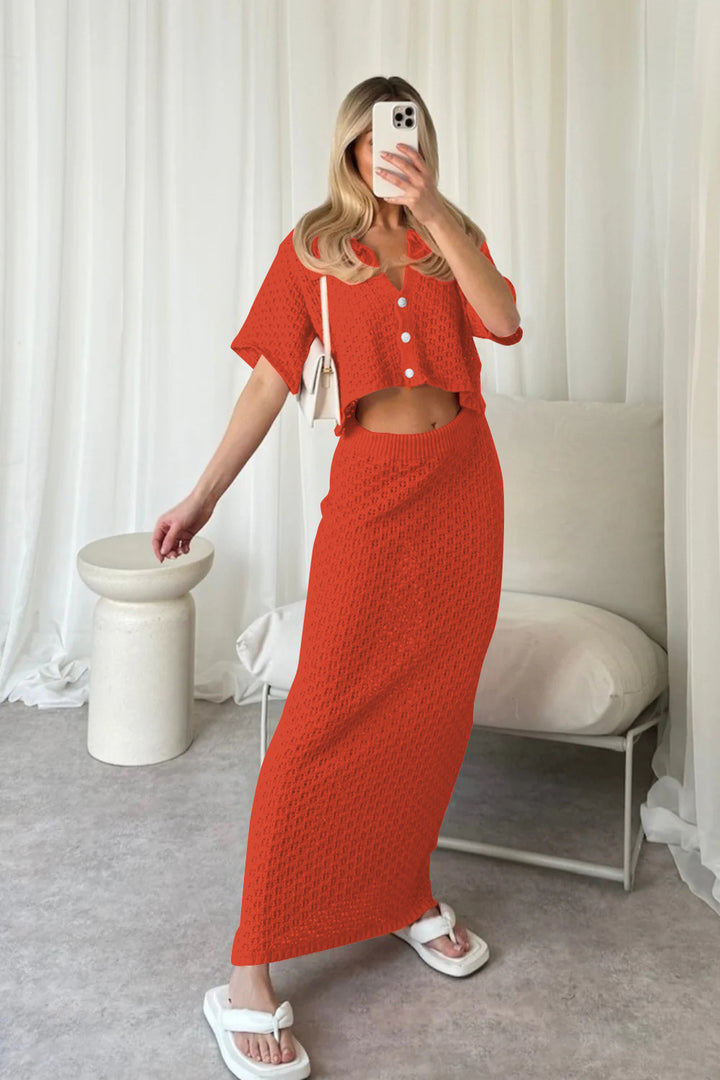 Damen lässiges Strick-Set mit cropped Jacke und Wickelrock Drune