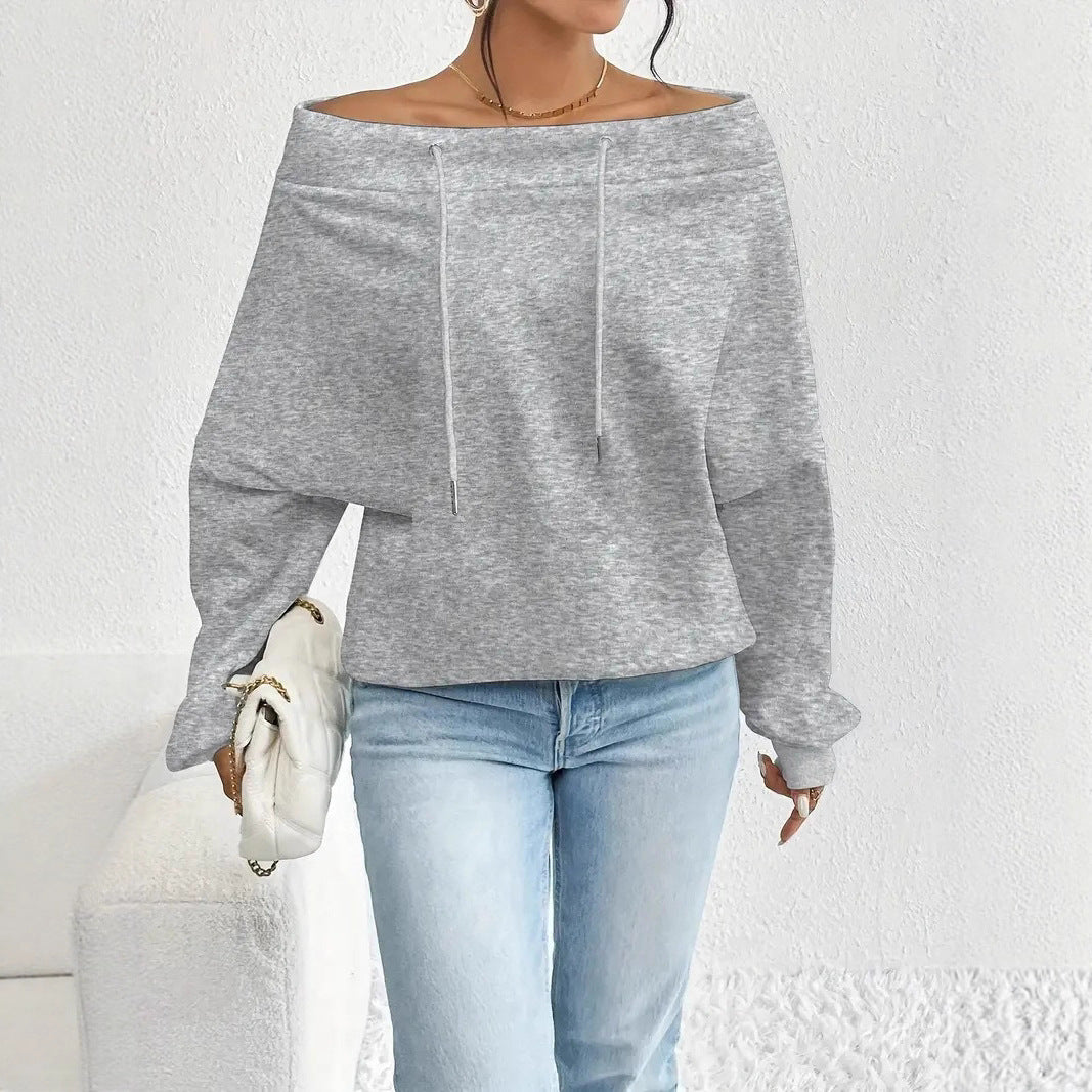 Damen lässiger Oversized-Pullover mit offenem Kragen und praktischen Kordelzügen Drune