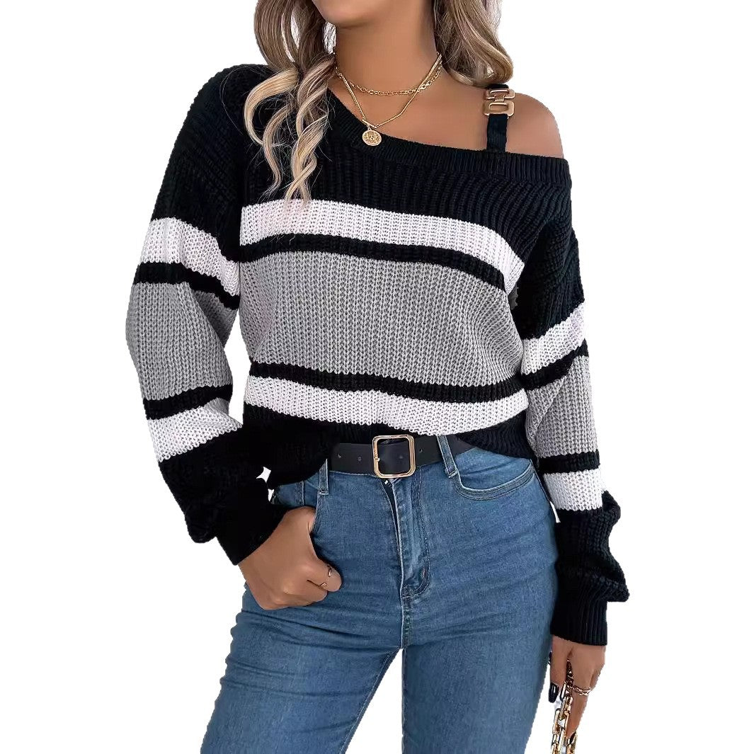 Damen Off-Shoulder Pullover mit Streifendetails und modischem Träger Drune