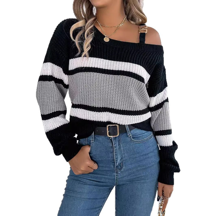 Damen Off-Shoulder Pullover mit Streifendetails und modischem Träger Drune