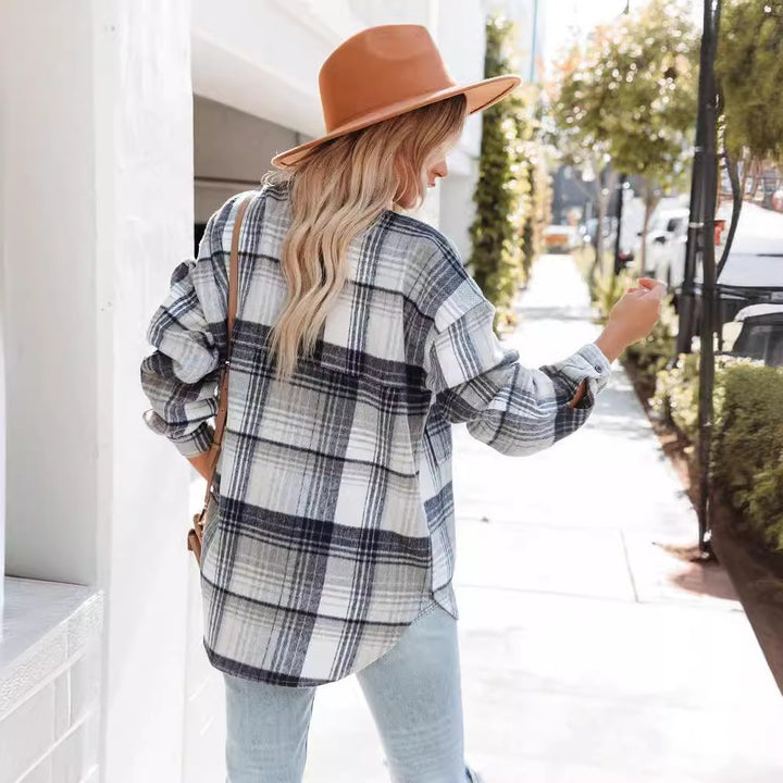 Damen lässige Karobluse mit aufgesetzten Taschen Drune