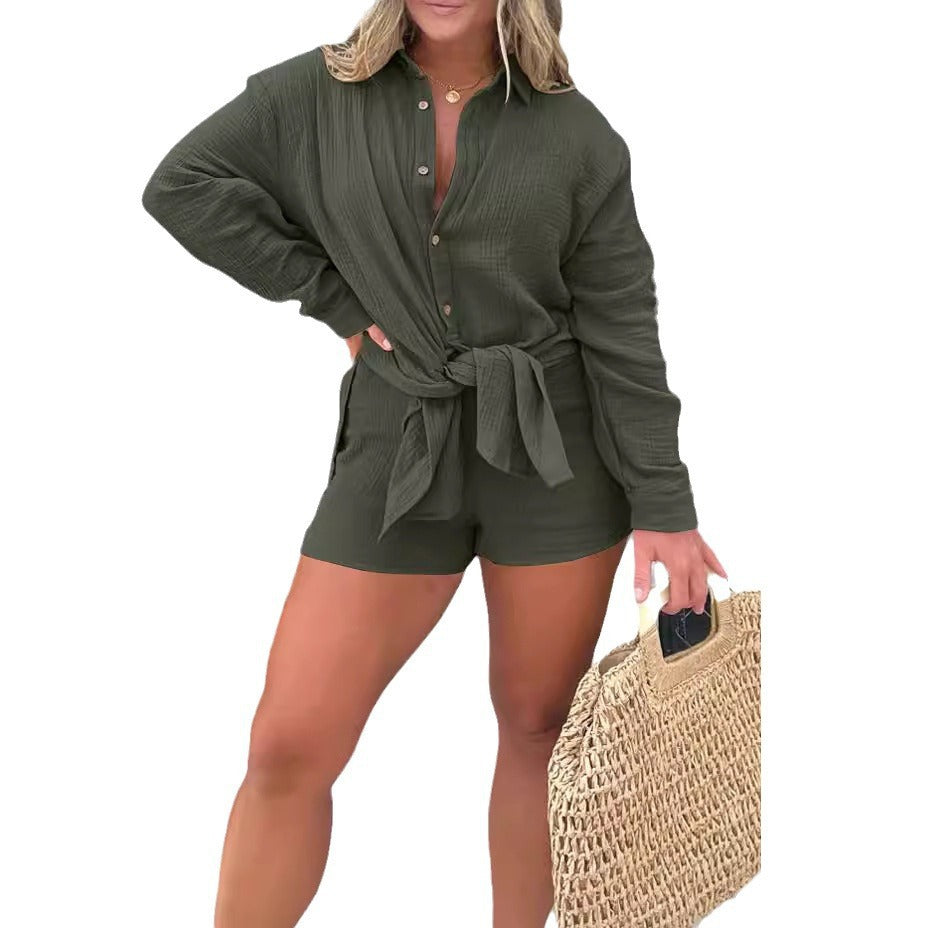 Damen lässiges Krepp-Blusenshirt und Shorts-Set mit taillierbarem Gürtel Drune
