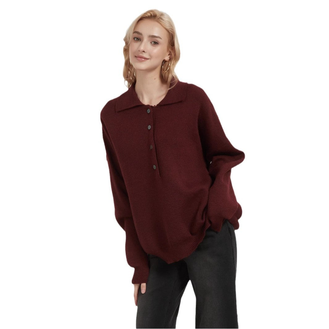 Damen Oversized Strickpullover mit elegantem Kragen und Knopfdetails Drune