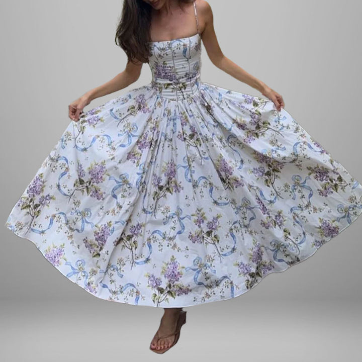 Damen Maxikleid mit floralen Mustern und gerafftem Oberteil Drune