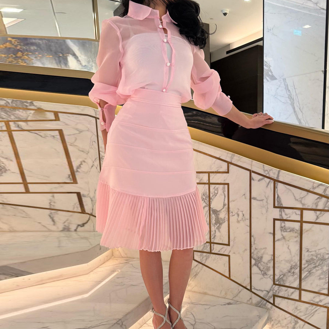 Damen Blusenkleid mit transparenten Ärmeln und Plissee-Rock Drune