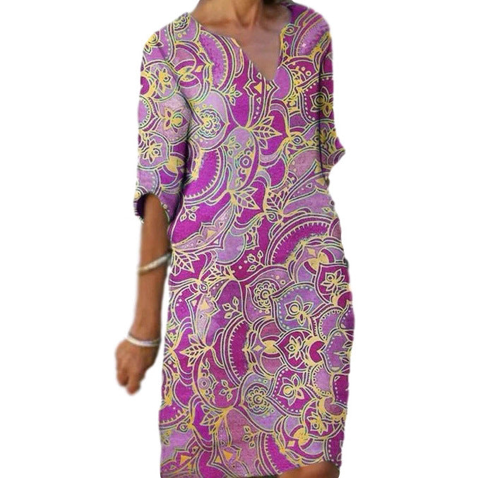 Damen Boho-Chic Strandkleid mit V-Ausschnitt und lässigem Schnitt Drune