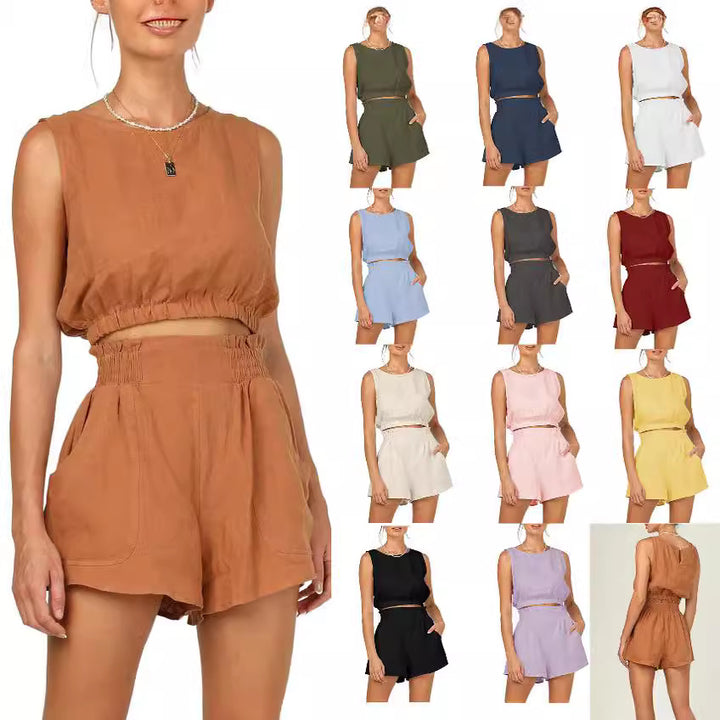 Damen lässiges Set aus topmodernem Oberteil und hohen Shorts Drune