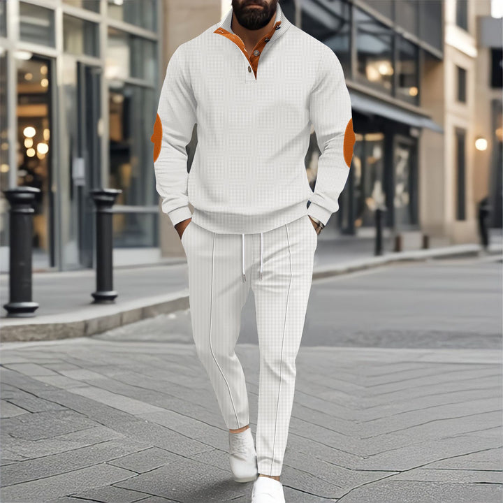 Herren nan feinstrukturiertes Halbkragen-Sweatshirt mit Knopfleiste, dekorativen Ellbogenpatches und legerem Saumabschluss Drune