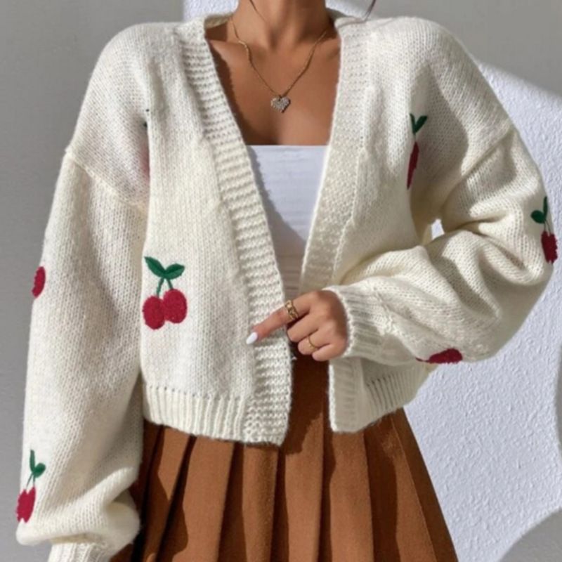 Damen Strickjacke mit floralem Kirschmotiv Drune