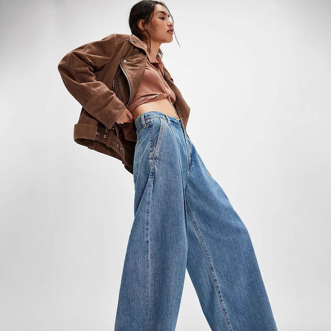 Damen nan hochgeschnittene Denim-Palazzohose mit markanten Bundfalten und extra weitem Bein Drune